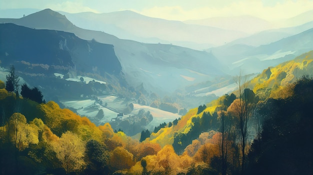 Une peinture d'un paysage de montagne avec un paysage de montagne et les mots "automne"