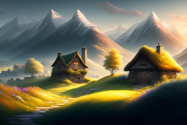 Une peinture d'un paysage de montagne avec une petite maison et une petite maison au premier plan