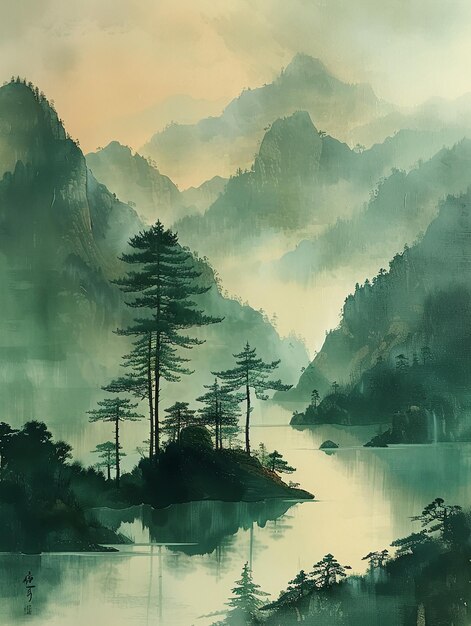 une peinture d'un paysage de montagne avec des pins et des montagnes en arrière-plan