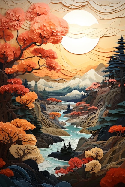 Peinture d'un paysage de montagne avec une rivière et des arbres générative ai