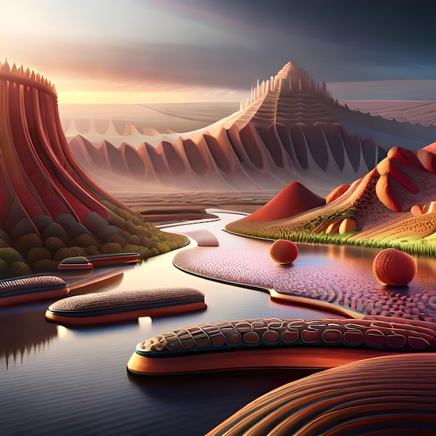 Photo une peinture d'un paysage avec une montagne et une rivière avec un grand nombre de formes.