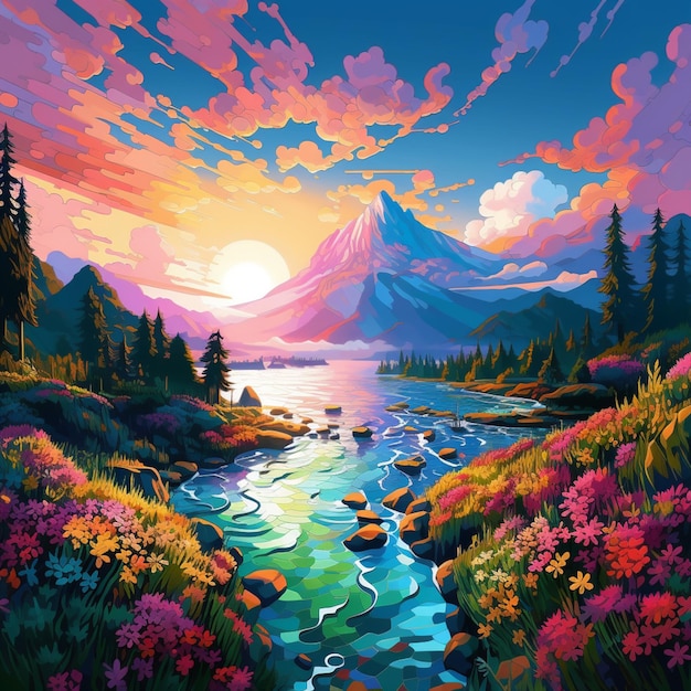 peinture d'un paysage de montagne avec une rivière et une montagne au loin IA générative