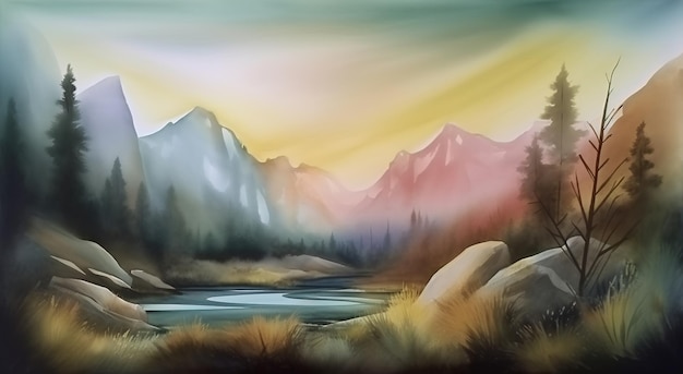 Une peinture d'un paysage de montagne avec une rivière