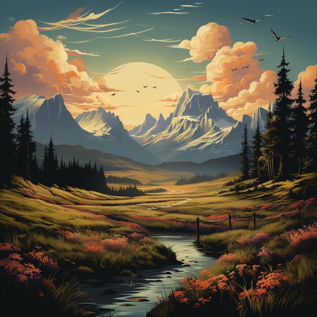 peinture d'un paysage de montagne avec un ruisseau et des oiseaux qui volent au-dessus