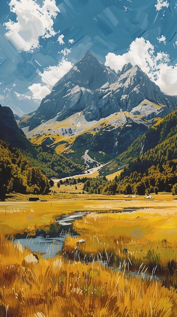 peinture d'un paysage de montagne avec un ruisseau qui le traverse