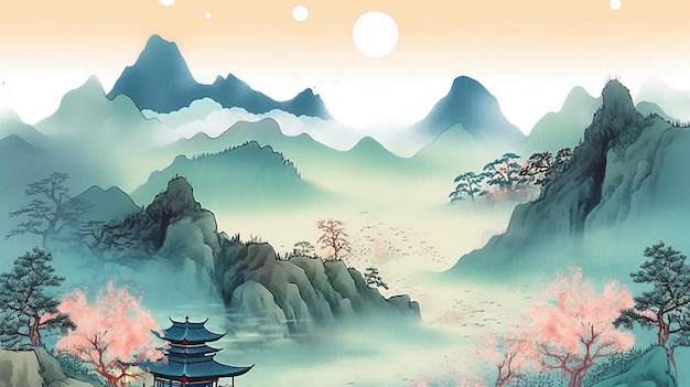 Une peinture d'un paysage de montagne avec une scène de style chinois.