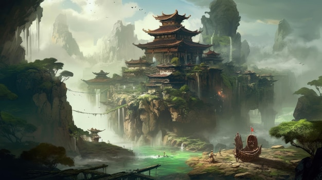 Une peinture d'un paysage de montagne avec un temple en arrière-plan.