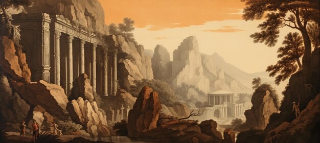 peinture d'un paysage de montagne avec un temple et un homme dans un bateau IA générative