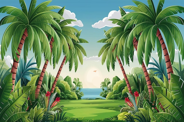 Photo une peinture d'un paysage avec des palmiers et un oiseau volant dans le ciel