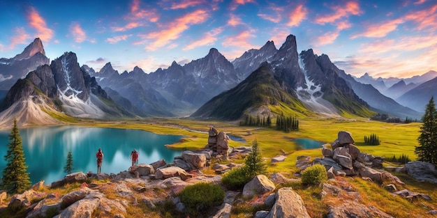 Une peinture de paysage d'un paysage de montagne avec un lac et des montagnes en arrière-plan.