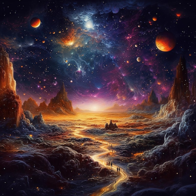 Une peinture d'un paysage avec une planète et les étoiles