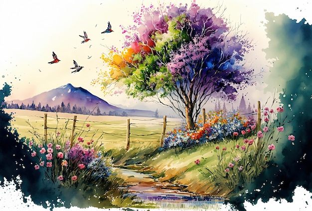 Peinture de paysage de printemps à l'aquarelle Les arbres fleurissent prairie et montagnes