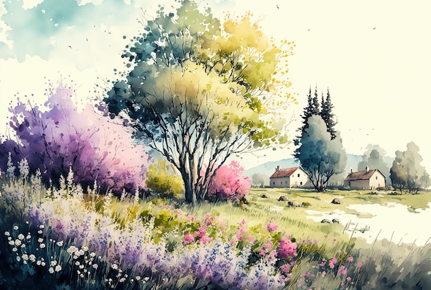 Peinture de paysage de printemps aquarelle Arbres fleurs et prairie