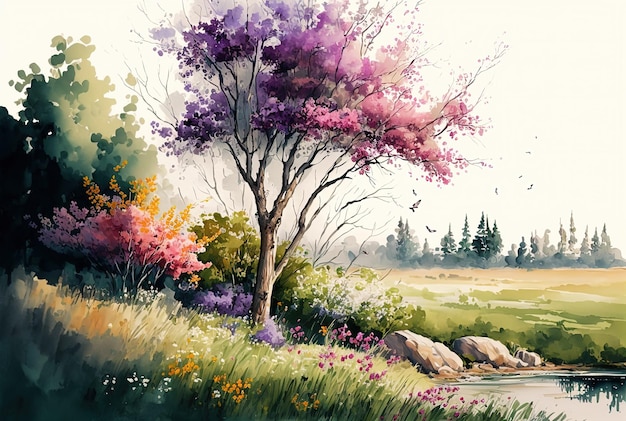 Peinture de paysage de printemps aquarelle Arbres fleurs et prairie