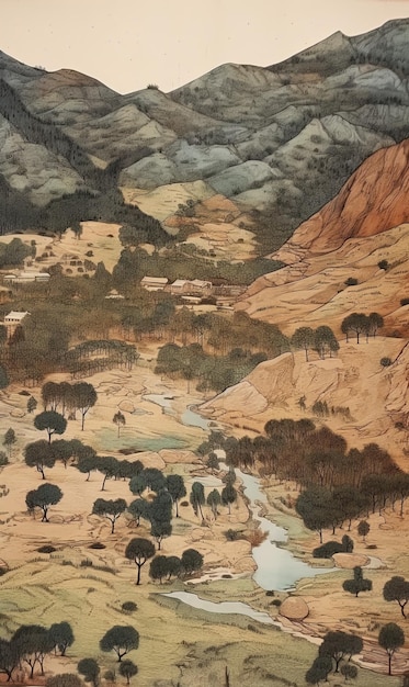 Photo une peinture d'un paysage avec une rivière et des arbres