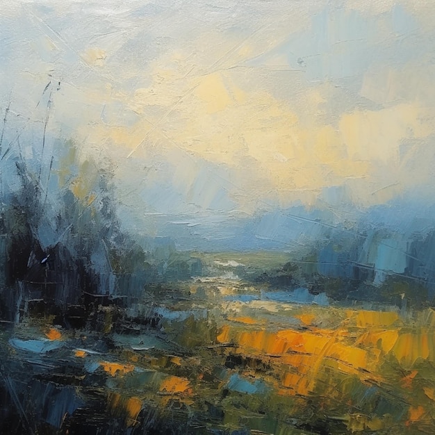 Peinture d'un paysage avec une rivière et un champ jaune