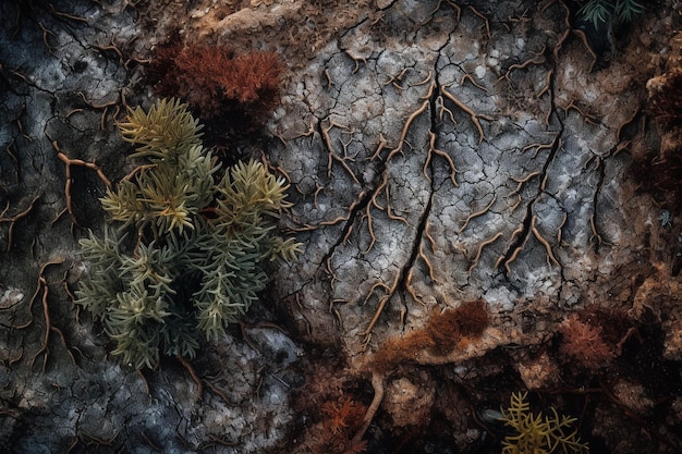 Une peinture d'un paysage rocheux avec des plantes et des racines.