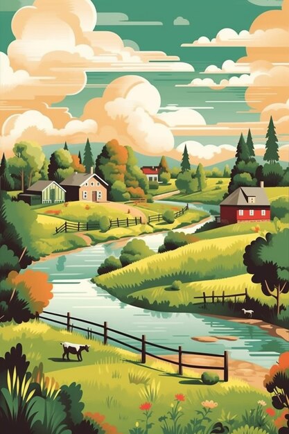 une peinture d'un paysage rural avec une rivière et une ferme générative ai