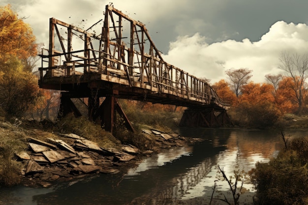 Une peinture de paysage serein capturant la beauté d'un pont sur une rivière paisible offrant une traversée d'eau tranquille Pont vintage généré par AI