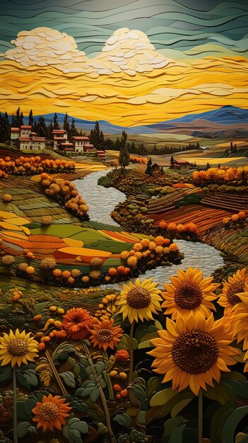 une peinture d'un paysage avec des tournesols et une rivière