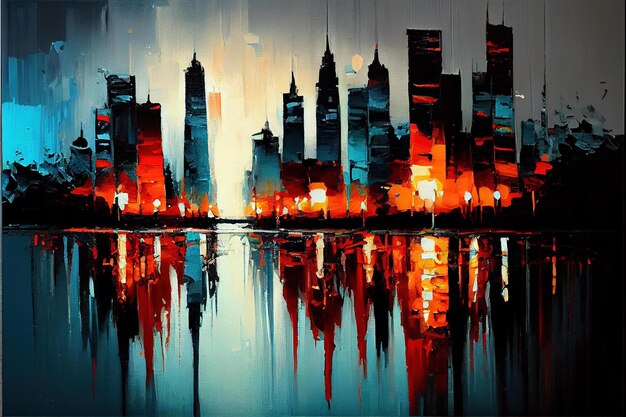 Une peinture d'un paysage urbain avec le reflet de la ville.