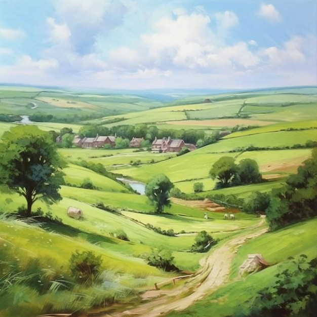 Peinture d'un paysage verdoyant avec un chemin de terre et une ai générative de ferme