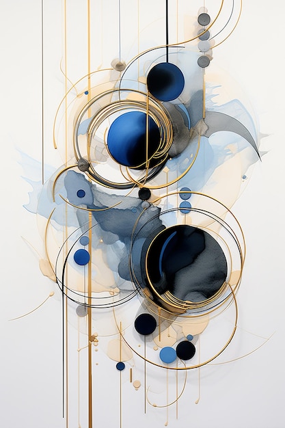 une peinture d'une peinture abstraite bleue et dorée avec des cercles et des cercles.