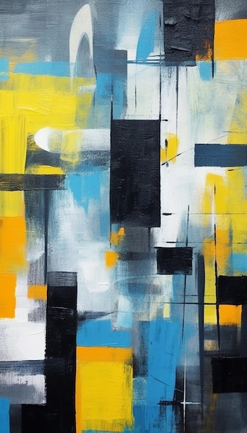 Une peinture d'une peinture abstraite bleue et jaune avec un fond noir et des carrés jaunes.