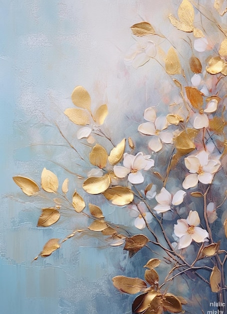 Peinture d'une peinture d'un arbre avec des feuilles d'or et des fleurs génératives ai