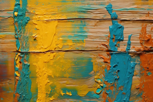 Une peinture d'une peinture bleue et jaune avec le mot " dessus. "