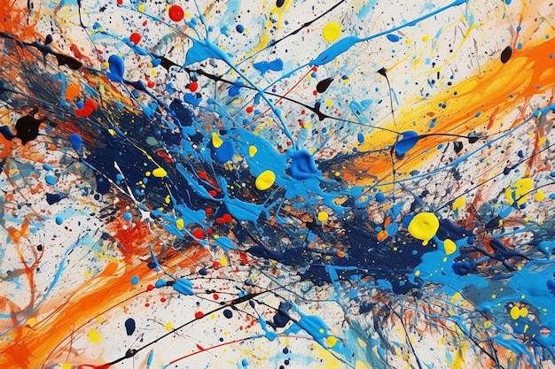 Une peinture de peinture bleue, rouge et jaune avec le mot « art » dessus.