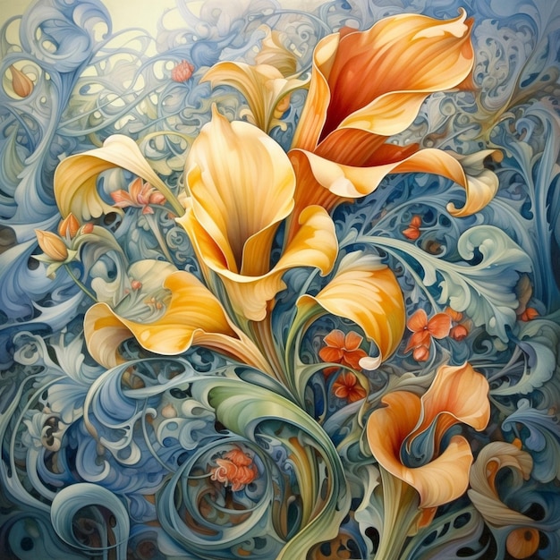 peinture d'une peinture de fleurs d'orange avec des tourbillons et des feuilles génératives ai