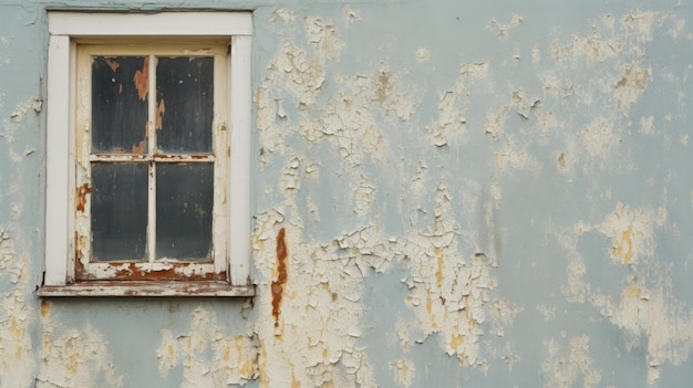 La peinture pelée sur le mur de la maison près de la fenêtre montre des taches d'eau.