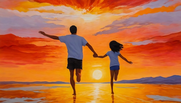 Une peinture d'un père et d'une fille courant sur la plage au coucher du soleil