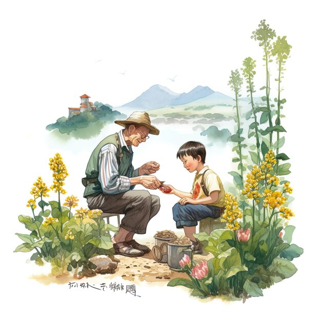 une peinture d'un père et d'un fils jouant dans le jardin.