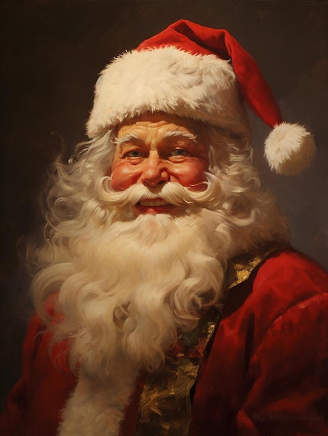 une peinture d'un père Noël avec un chapeau rouge.