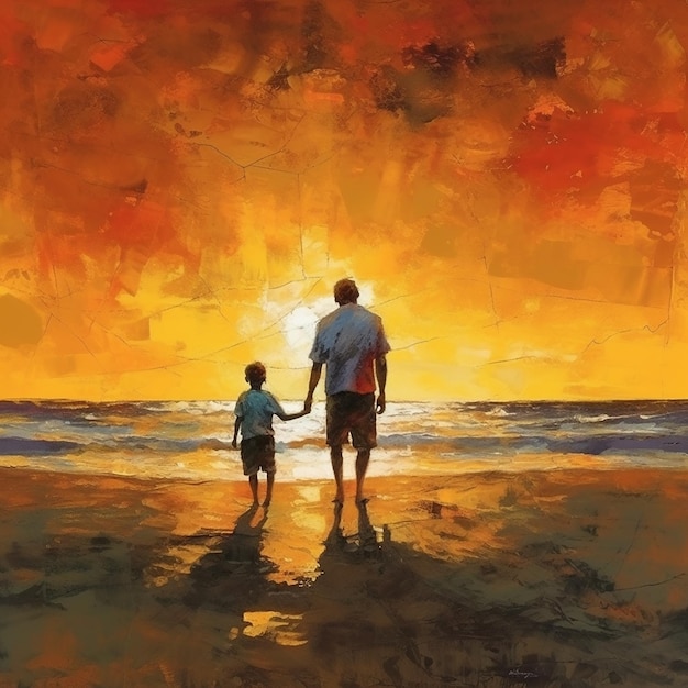 Une peinture d'un père et son fils sur la plage