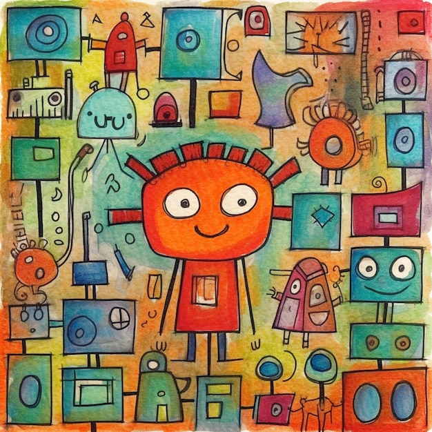Peinture d'un personnage de dessin animé entouré de nombreux objets de différentes couleurs