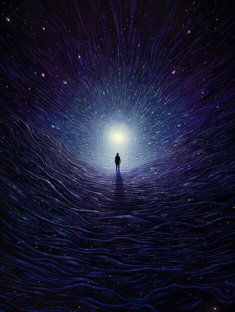 Photo peinture d'une personne debout dans un espace sombre avec une lumière brillante générative ai