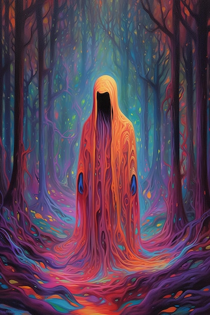 Une peinture d'une personne effrayante à capuchon dans une forêt sombre