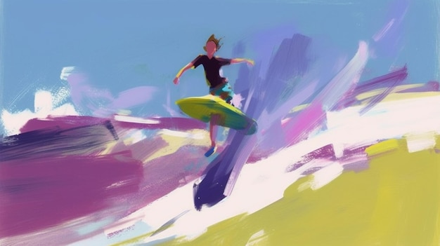 Une peinture d'une personne sur une planche de surf qui dit " surf ".