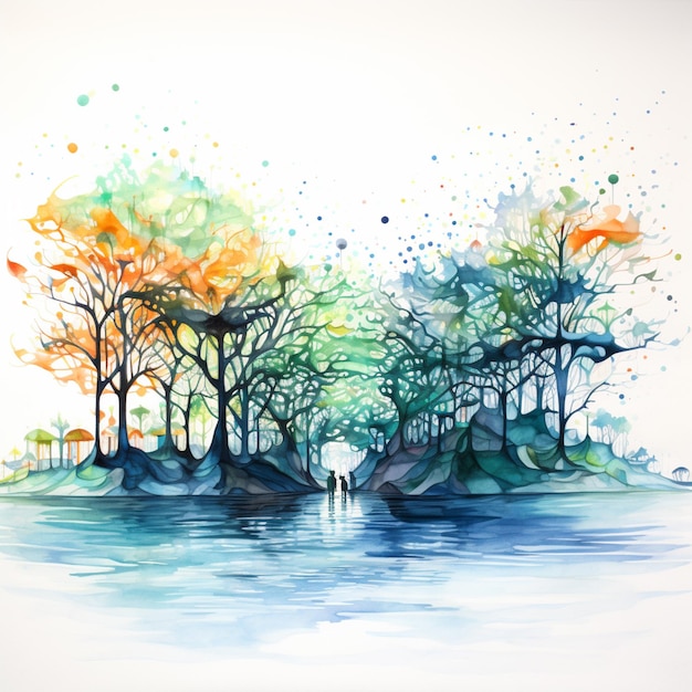 peinture d'une personne qui se promène dans un parc avec des arbres et de l'eau générative ai