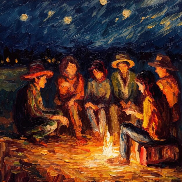 Une peinture de personnes assises autour d'un feu avec la lune en arrière-plan.