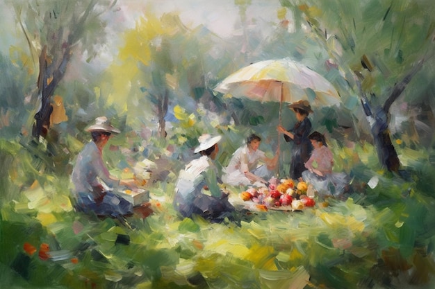 Une peinture de personnes assises dans un jardin avec un parasol dessus.