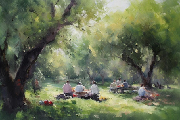 Une peinture de personnes ayant un pique-nique dans le parc.
