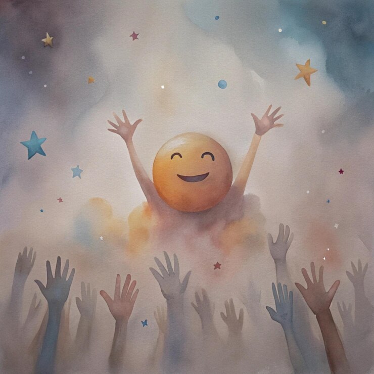une peinture de personnes avec les bras levés en l'air avec les mots " face heureuse "