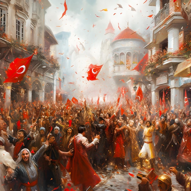 Une peinture de personnes dans une foule avec un drapeau turc dessus