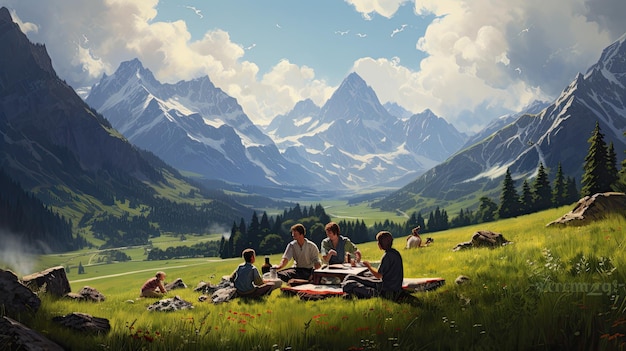 une peinture de personnes dans un paysage de montagne avec des montagnes en arrière-plan.