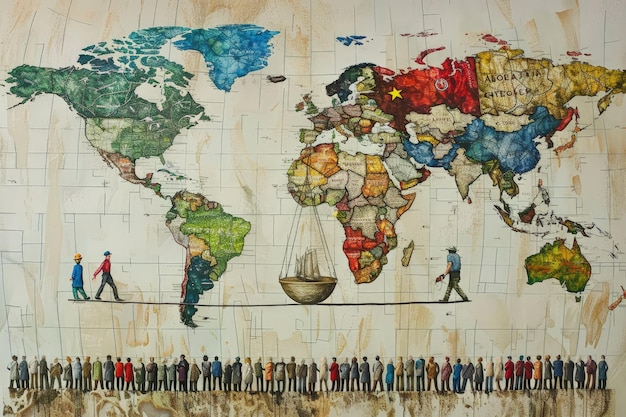 Une peinture de personnes debout devant une carte du monde