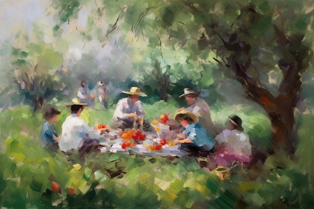 Une peinture de personnes mangeant dans un champ.